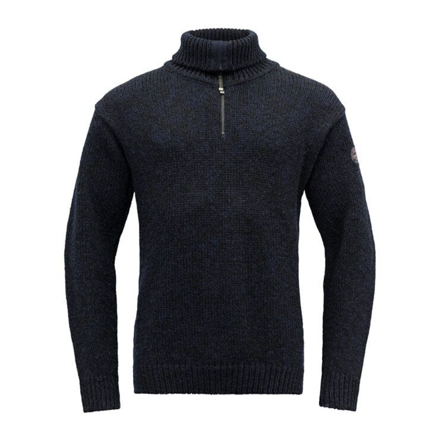 Miehet Devold Neuleet | Unisex Nansen Zip Neck Villapaita - 100% Villaa Dark Blue Melange